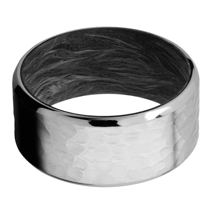 10mm wide Beveled Titanium Ring with Hammer Finish / Forged Carbon Fiber Sleeve