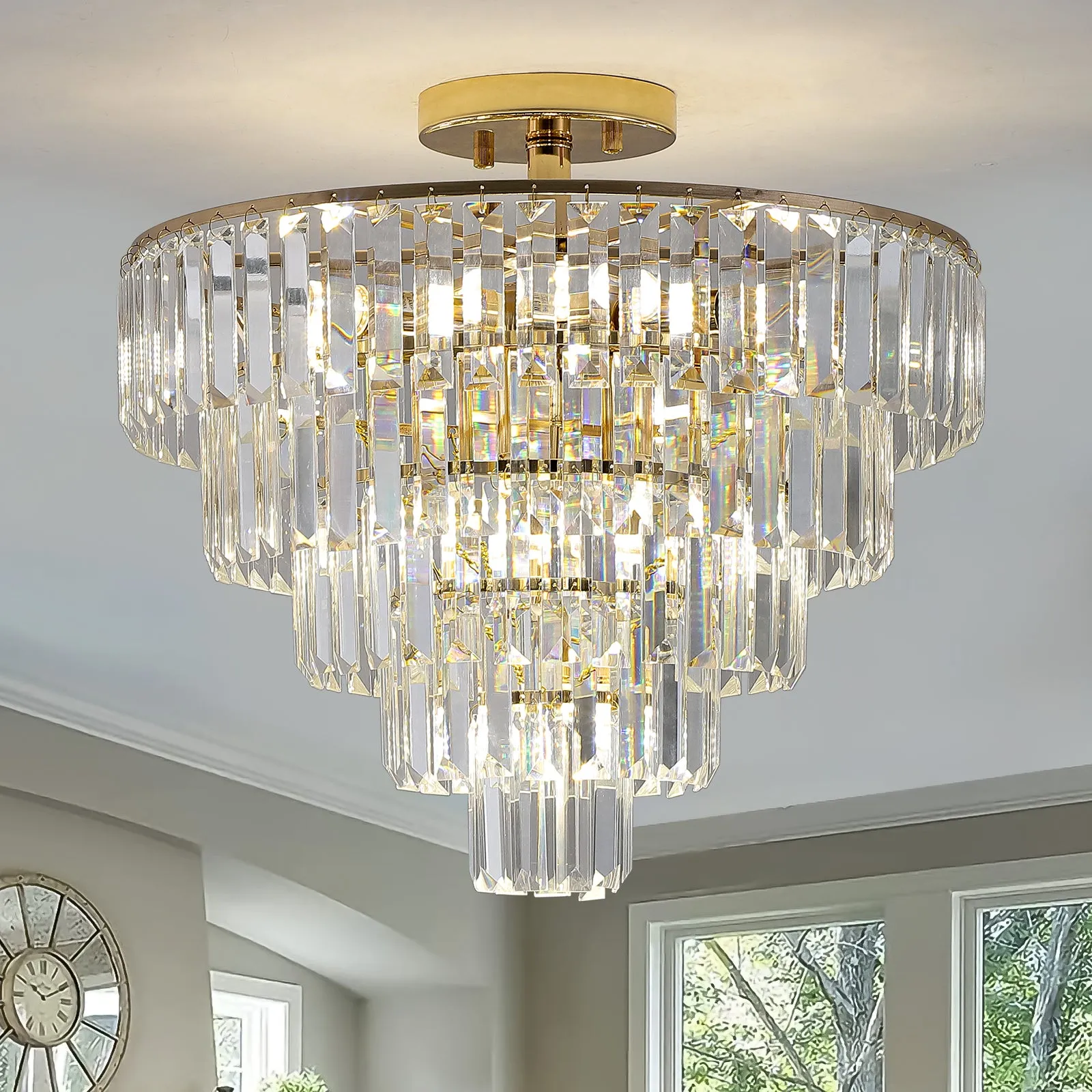 19.7" Gold Luxury Crystal Chandelier Round K9 Crystal Light Luxury Home Decor Lighting