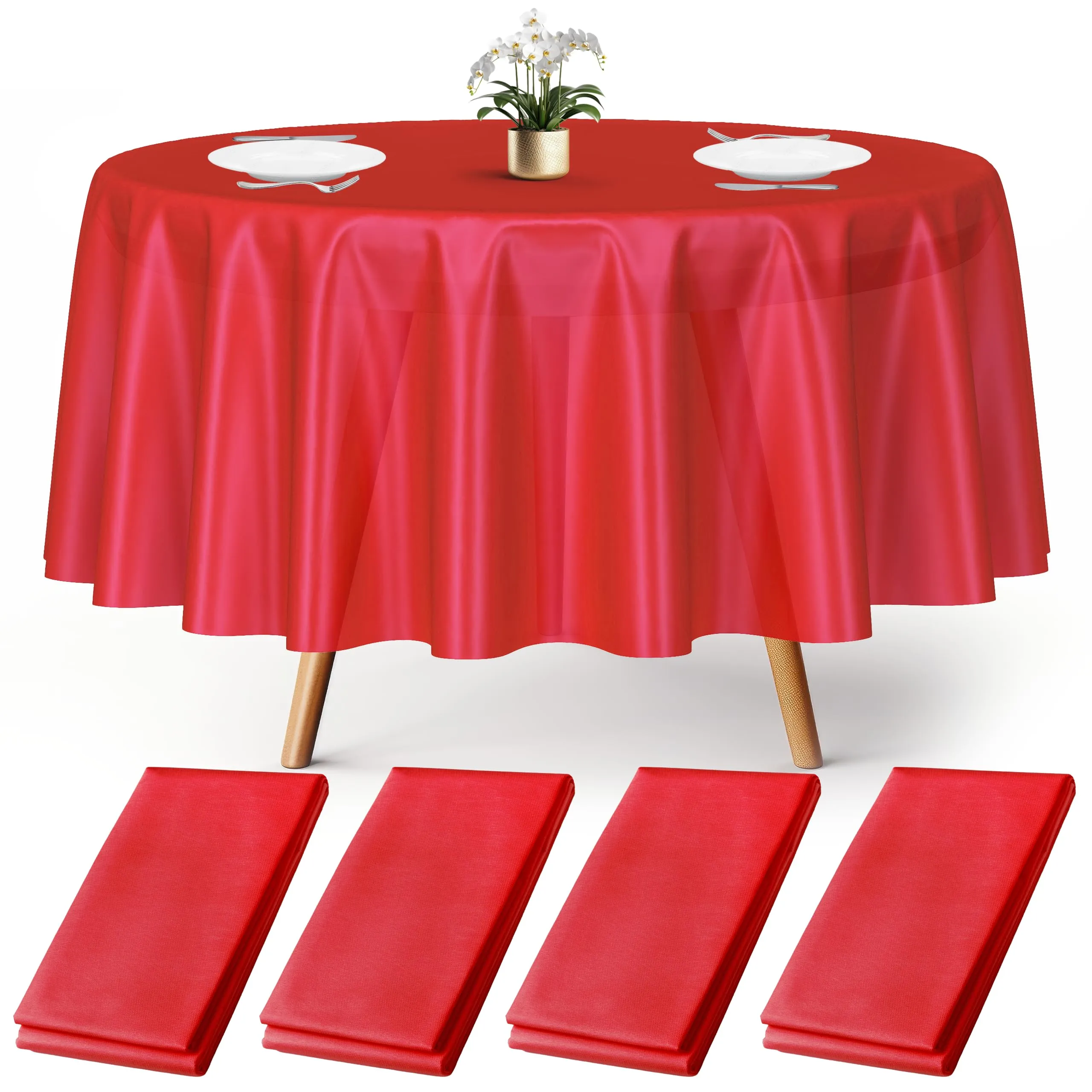 4 Red Round Plastic Tablecloth 84" - Disposable Red Tablecloths - Plastic Table