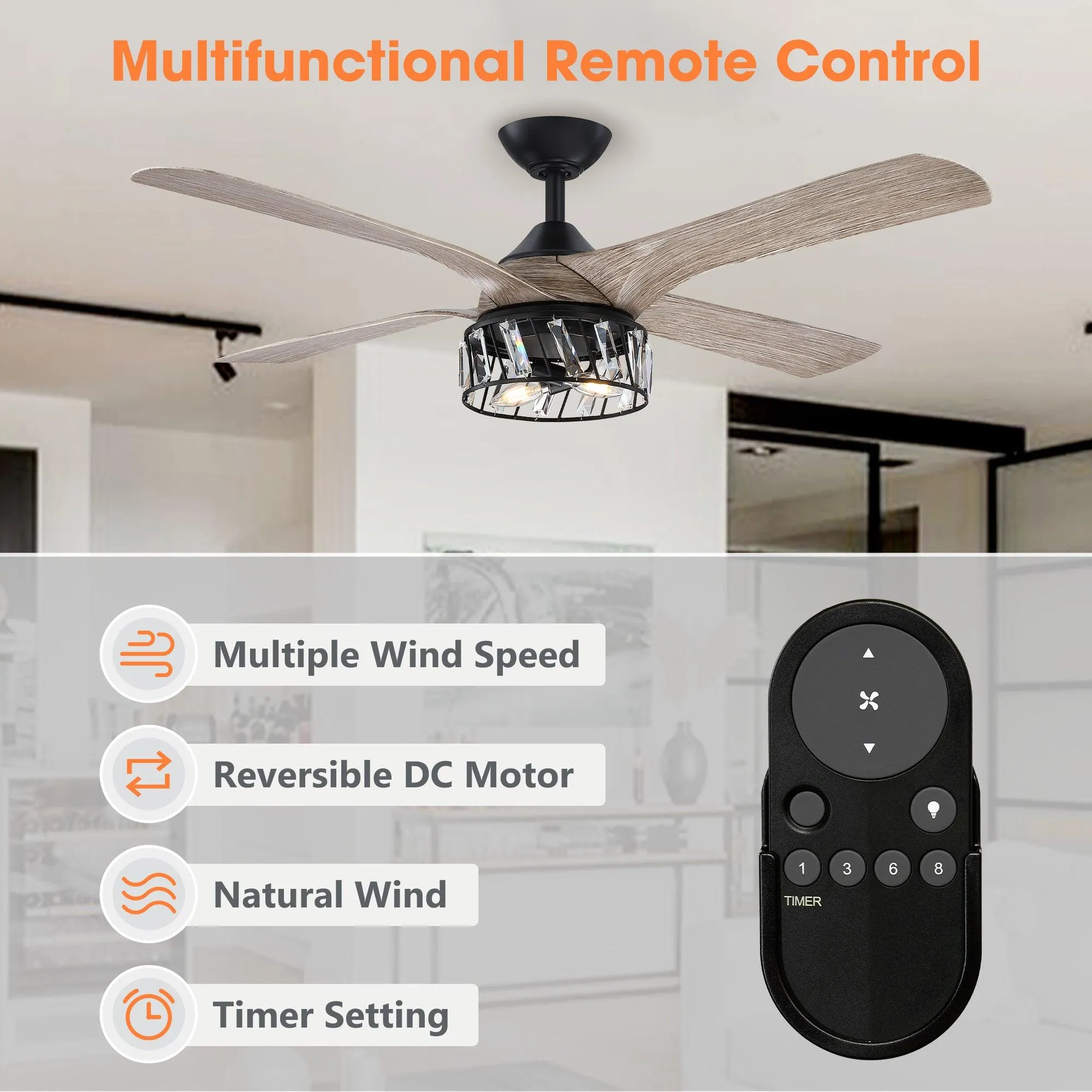 52" Tata Nagar Farmhouse Downrod Mount Reversible Crystal Ceiling Fan with Lighting and Remote Control