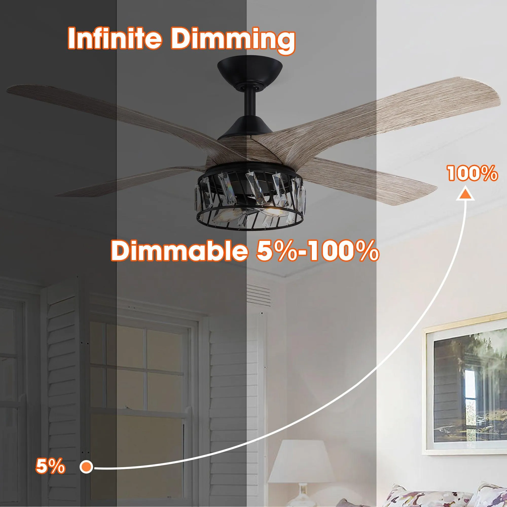 52" Tata Nagar Farmhouse Downrod Mount Reversible Crystal Ceiling Fan with Lighting and Remote Control