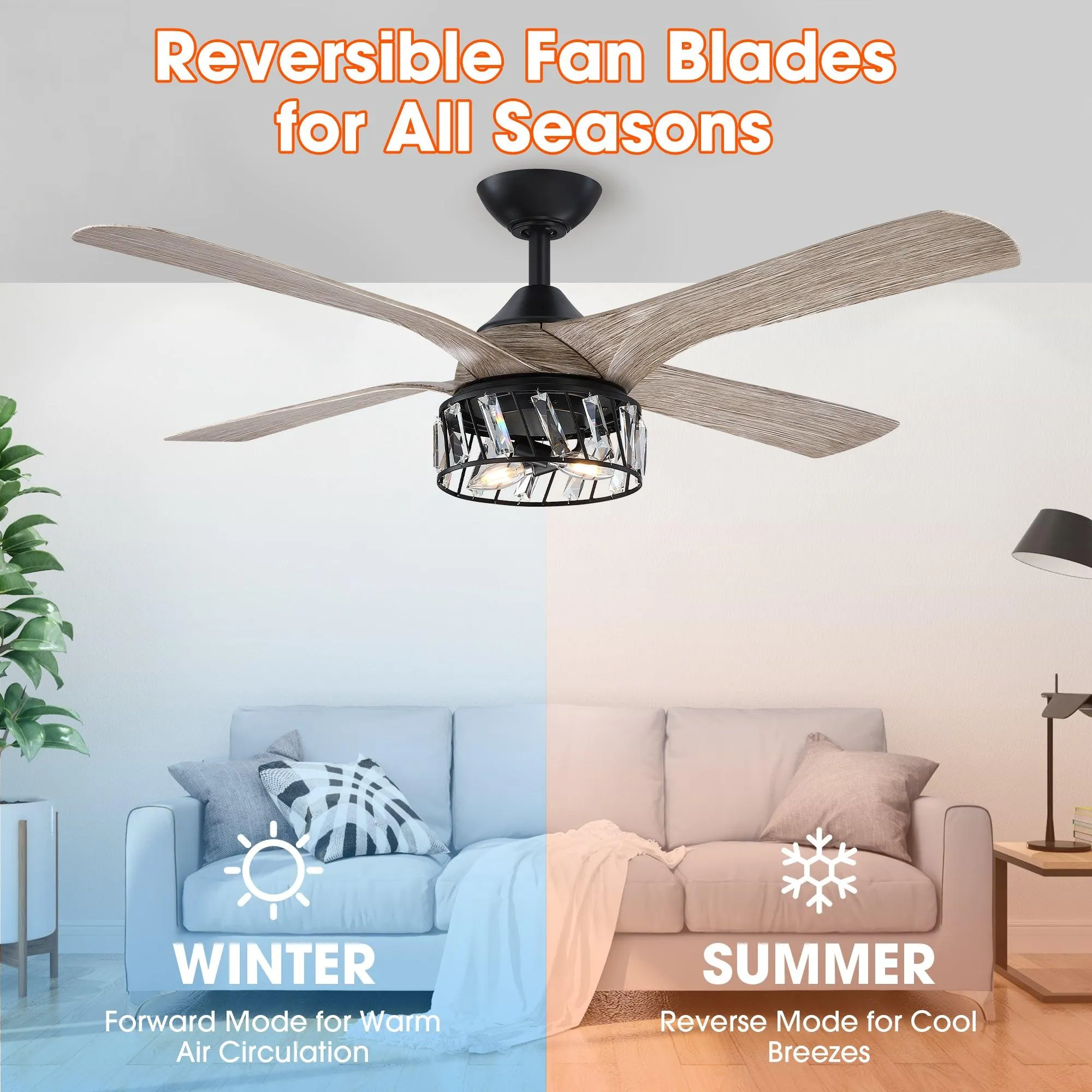 52" Tata Nagar Farmhouse Downrod Mount Reversible Crystal Ceiling Fan with Lighting and Remote Control