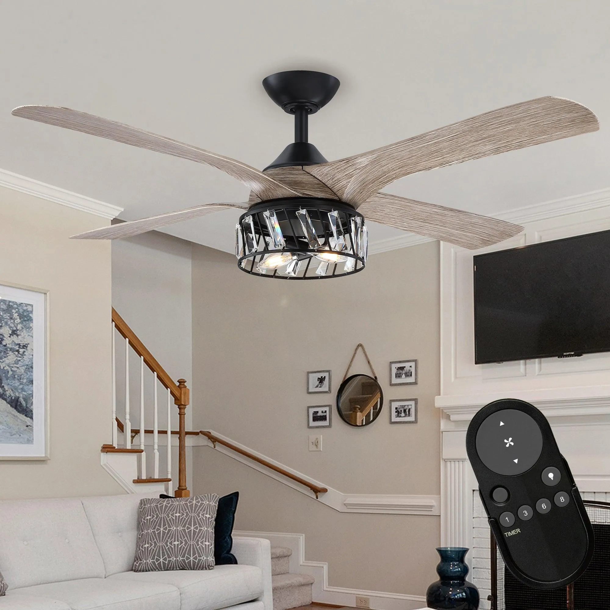 52" Tata Nagar Farmhouse Downrod Mount Reversible Crystal Ceiling Fan with Lighting and Remote Control