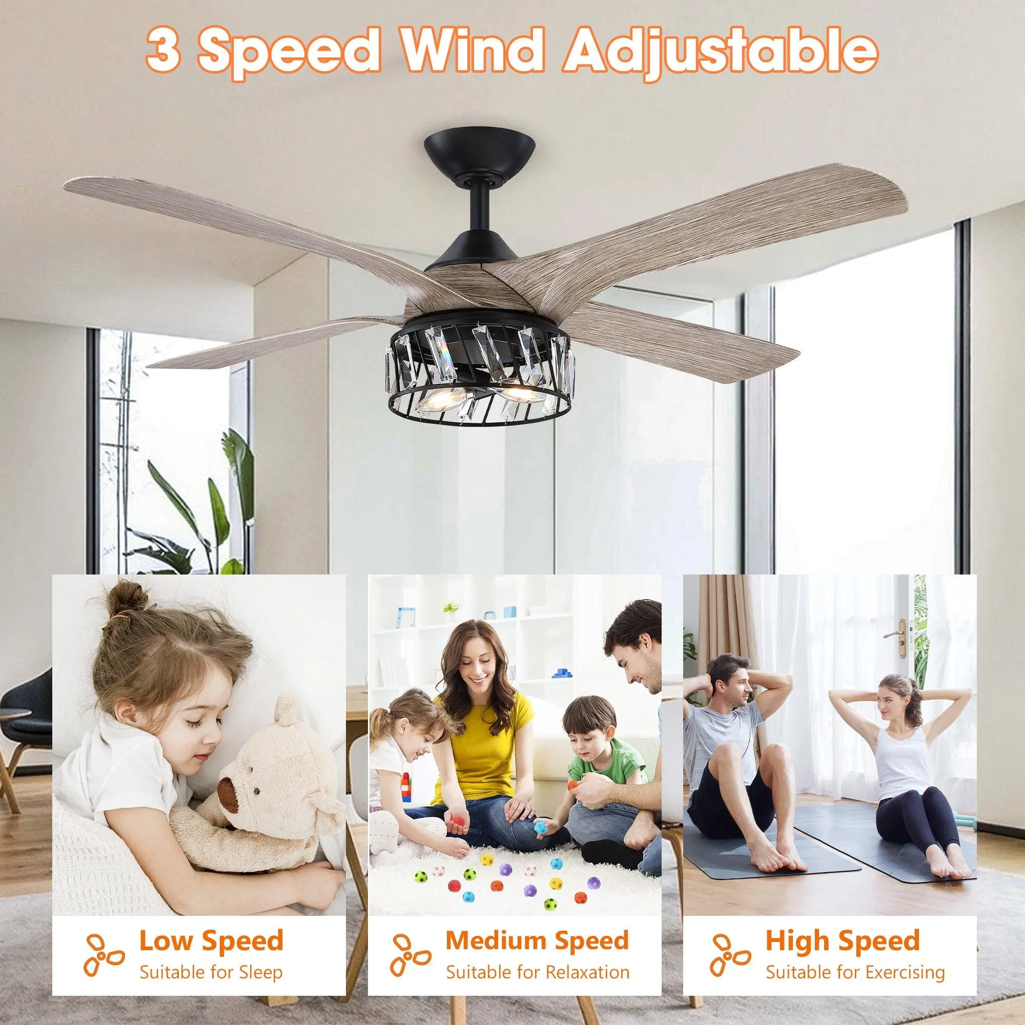 52" Tata Nagar Farmhouse Downrod Mount Reversible Crystal Ceiling Fan with Lighting and Remote Control