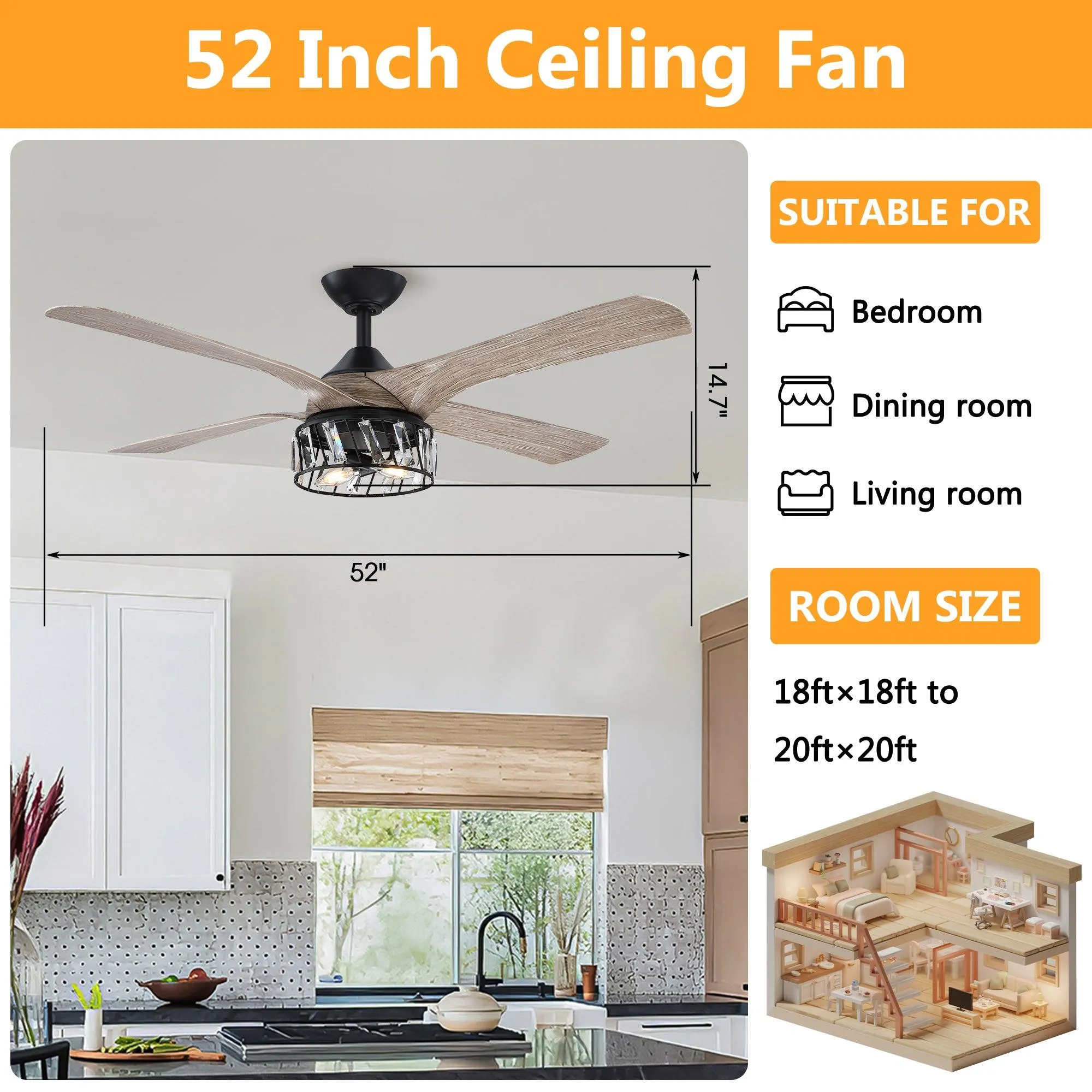 52" Tata Nagar Farmhouse Downrod Mount Reversible Crystal Ceiling Fan with Lighting and Remote Control