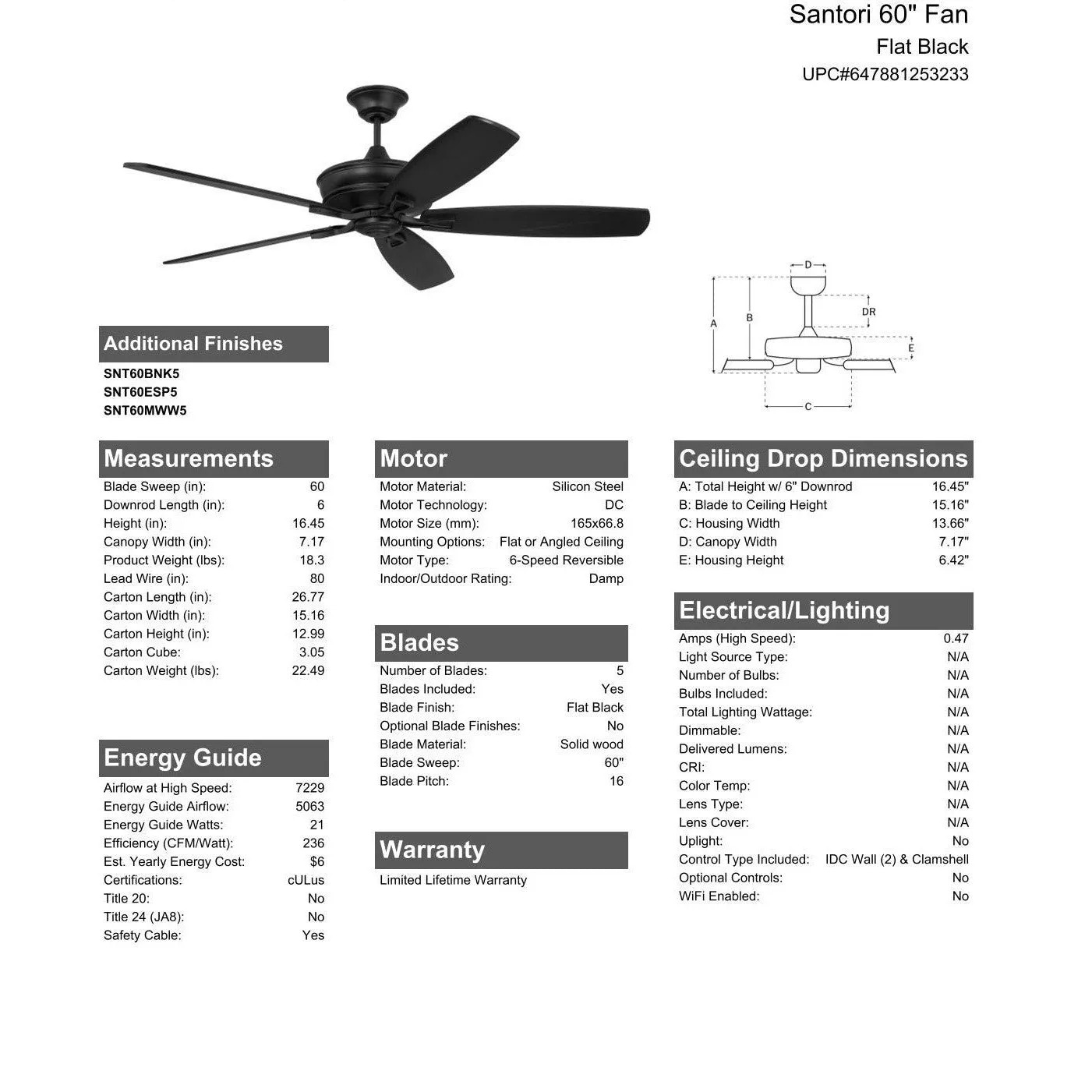 60" Santori Indoor/Outdoor (Damp) in Flat Black w/ Flat Black Blades