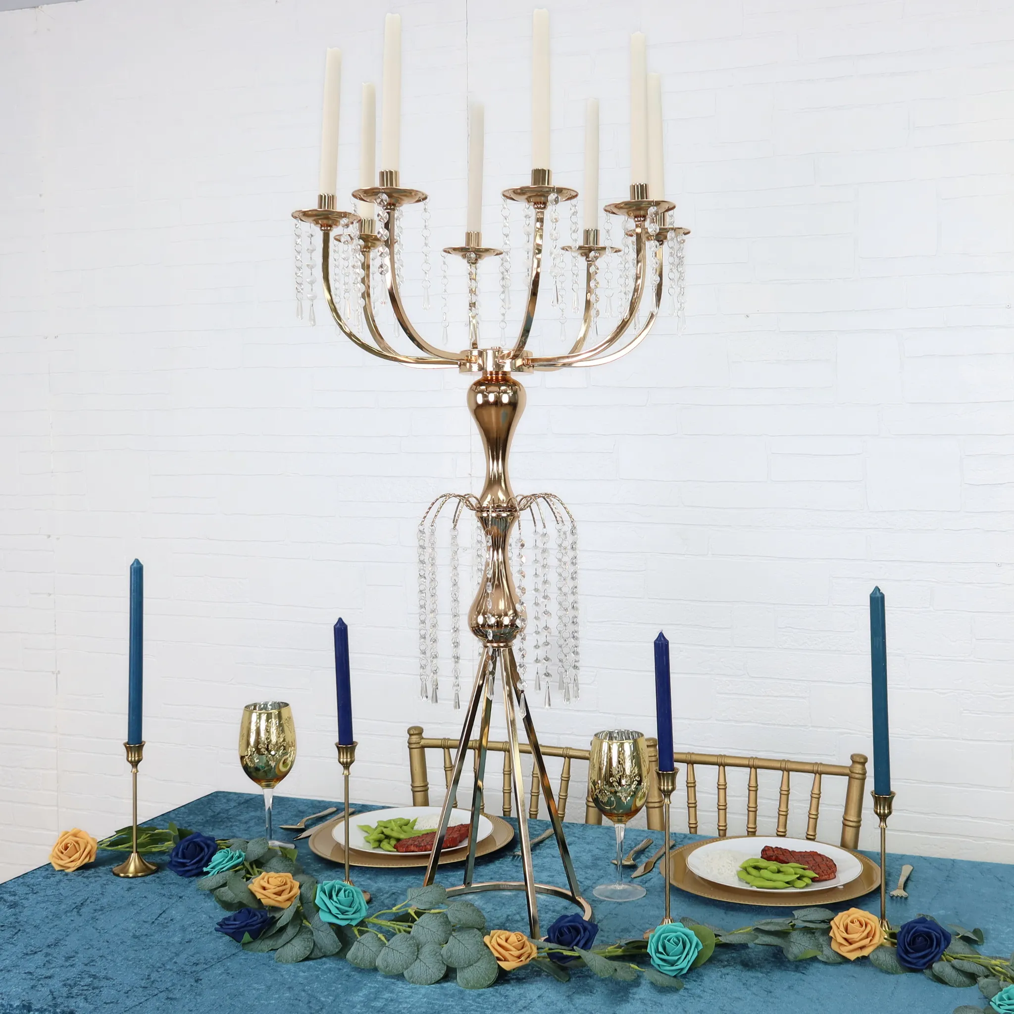 8 Arms Candelabra Crystal Waterfall Centerpiece - Gold