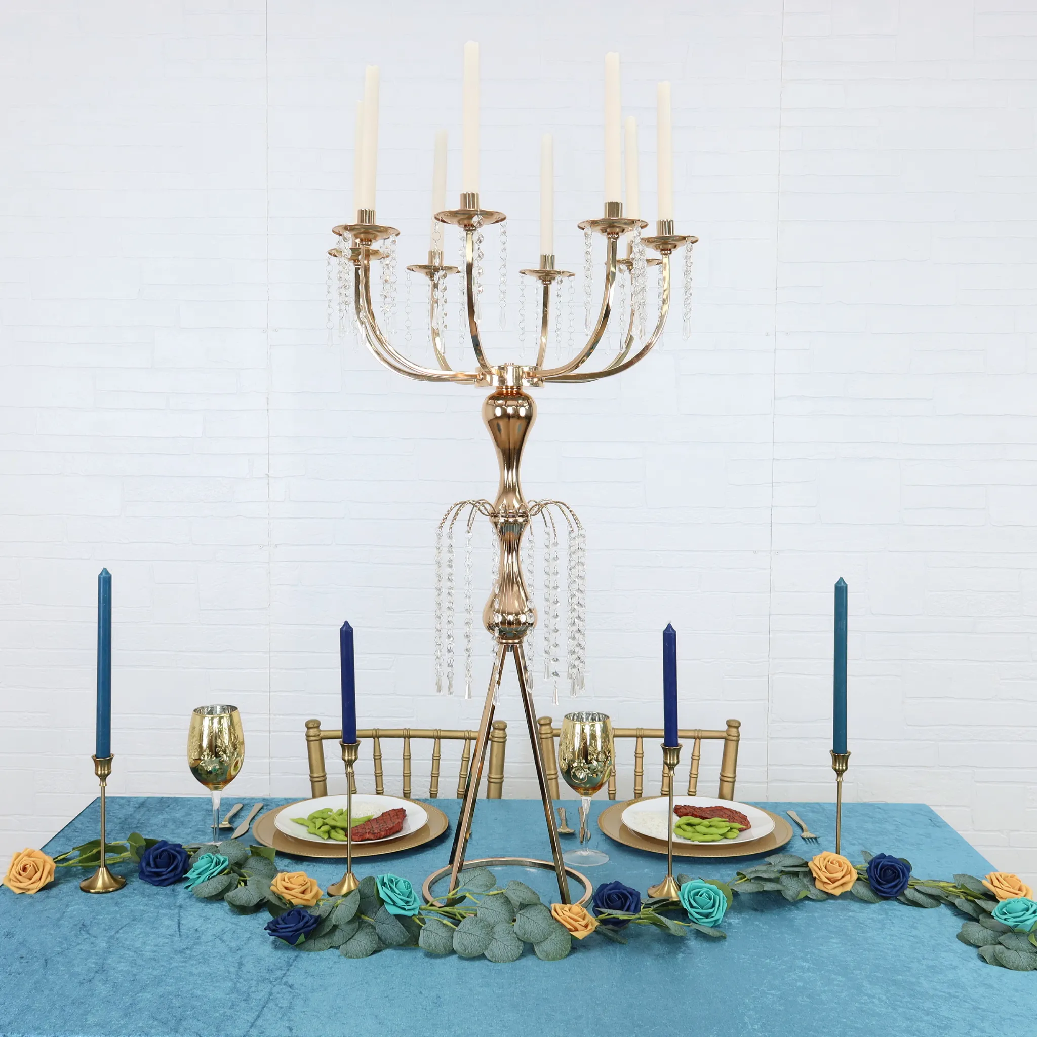 8 Arms Candelabra Crystal Waterfall Centerpiece - Gold