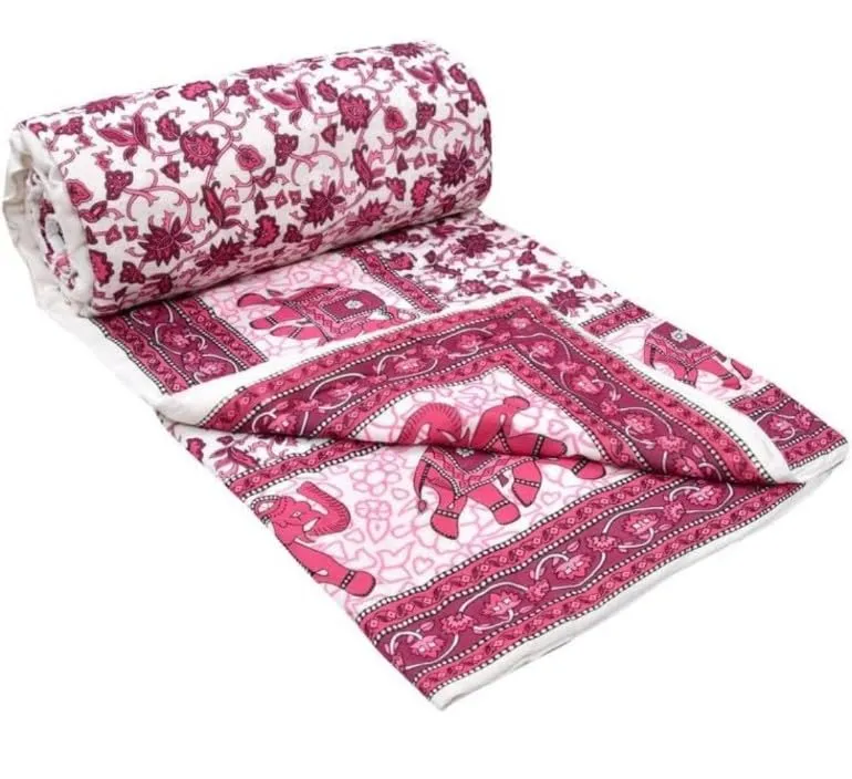 Ahnef Furnishing Traditional Jaipuri Rajasthani Razai | Reversible Soft Light Weight Pure Cotton Winter & Summer Ac Quilt Blanket, Dohar, Comforter | Printed Pink Elephant, Twin Size