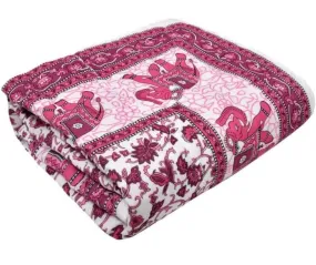 Ahnef Furnishing Traditional Jaipuri Rajasthani Razai | Reversible Soft Light Weight Pure Cotton Winter & Summer Ac Quilt Blanket, Dohar, Comforter | Printed Pink Elephant, Twin Size