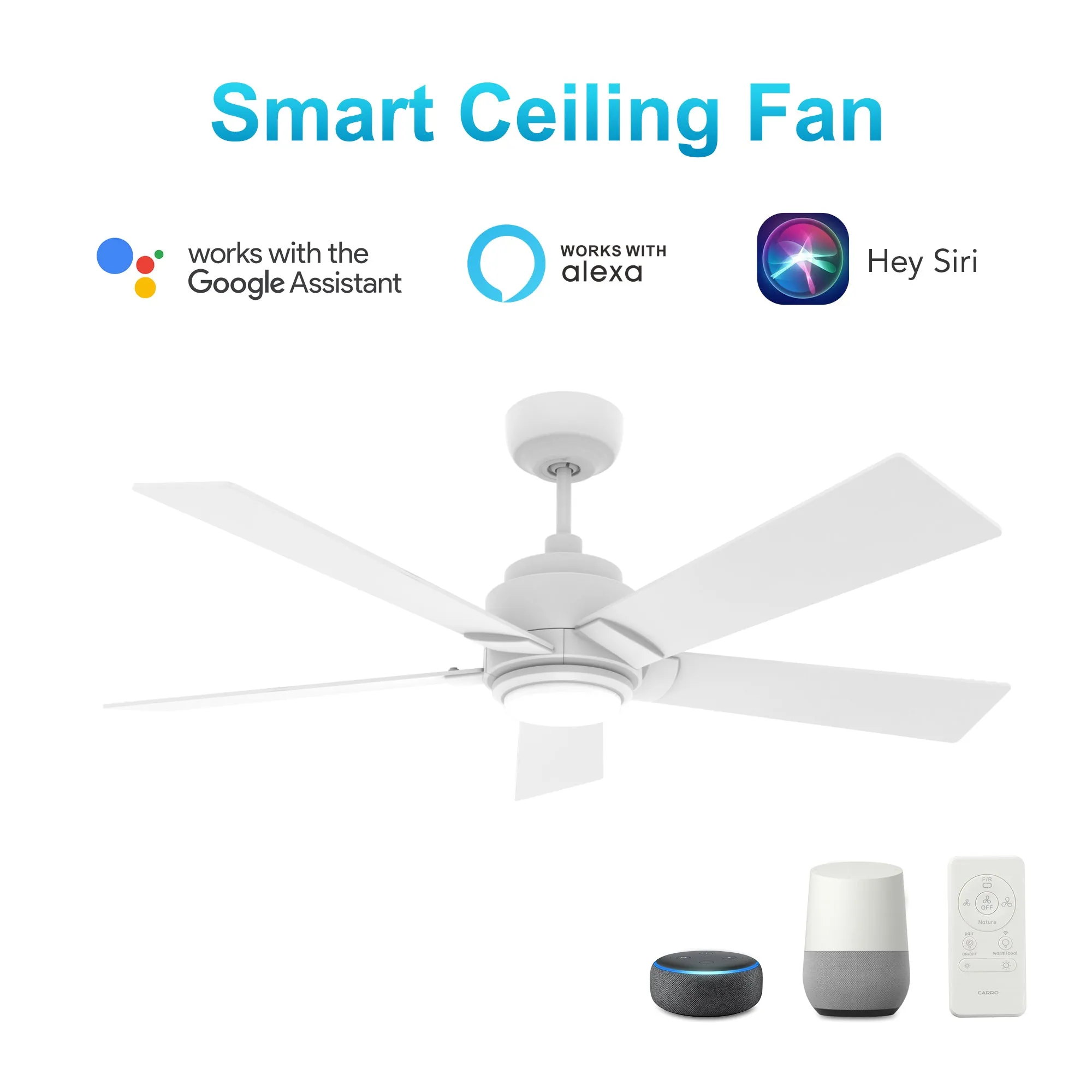 ASCENDER 48 inch 5-Blade Smart Ceiling Fan with LED Light & Remote Control - White/White