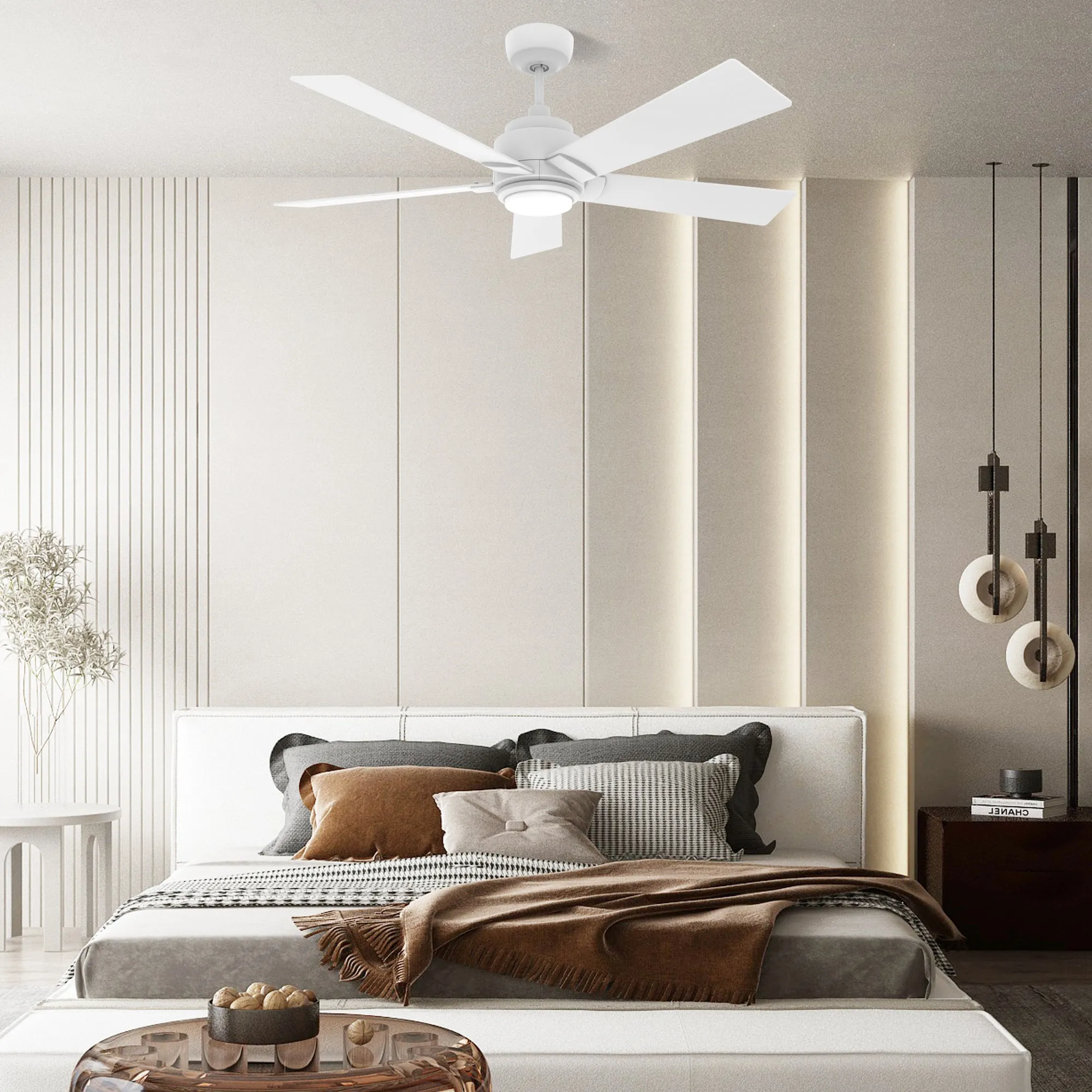 ASCENDER 48 inch 5-Blade Smart Ceiling Fan with LED Light & Remote Control - White/White