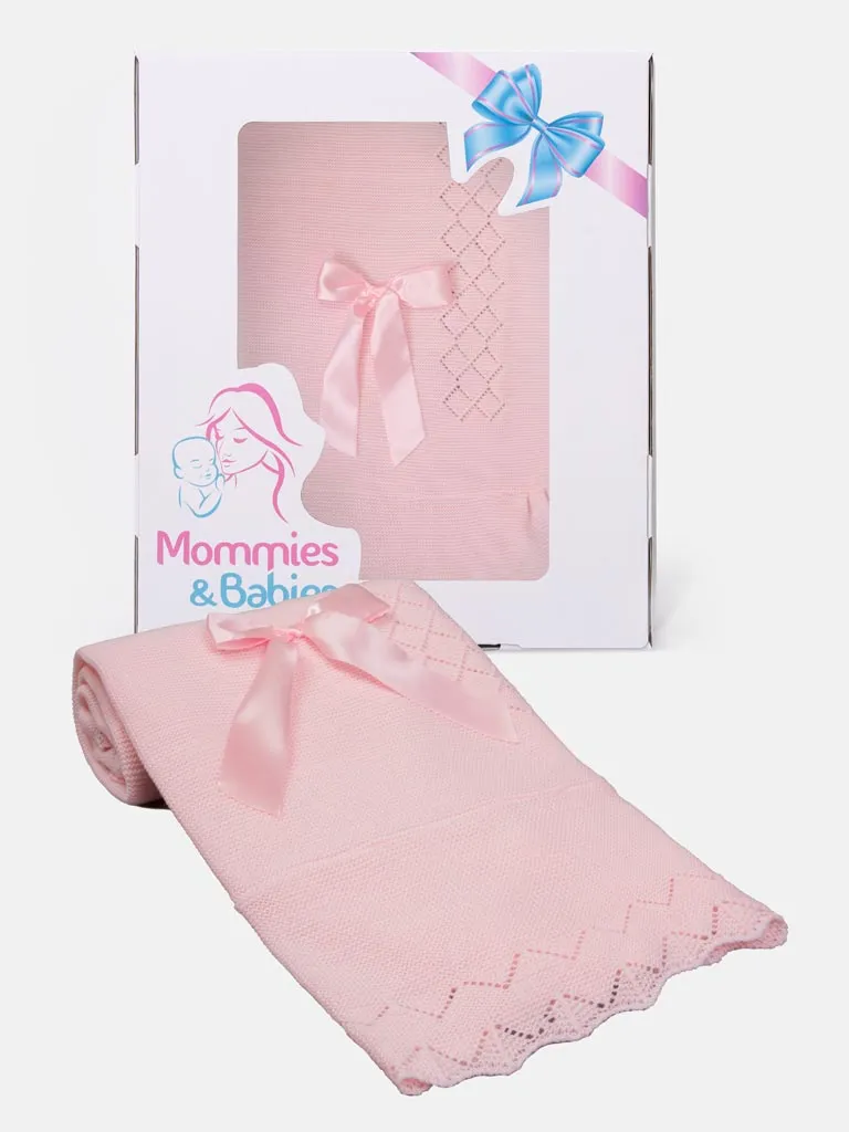 Baby Diamond Knitted Spanish Blanket with Satin Bow-Baby Pink