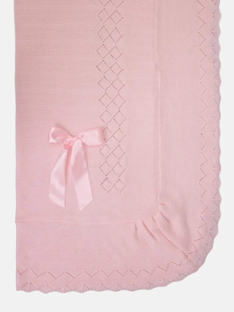 Baby Diamond Knitted Spanish Blanket with Satin Bow-Baby Pink