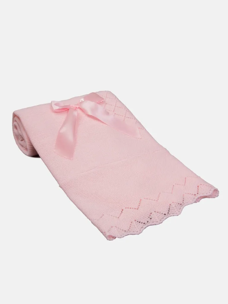 Baby Diamond Knitted Spanish Blanket with Satin Bow-Baby Pink