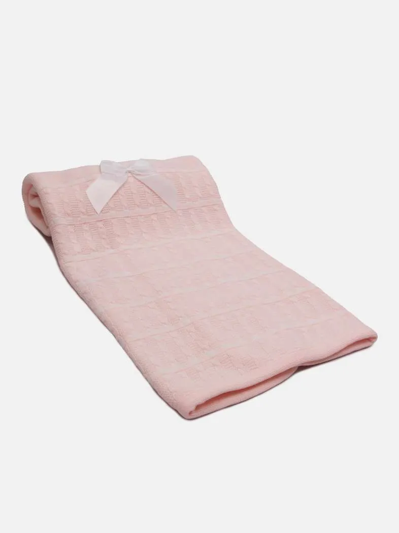 Baby Dotted Stripe Knitted Spanish Blanket with Satin Bow-Baby Pink