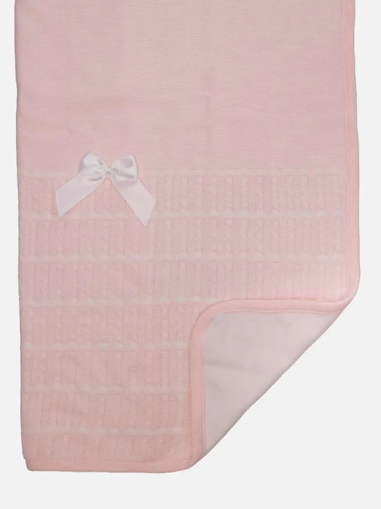 Baby Dotted Stripe Knitted Spanish Blanket with Satin Bow-Baby Pink