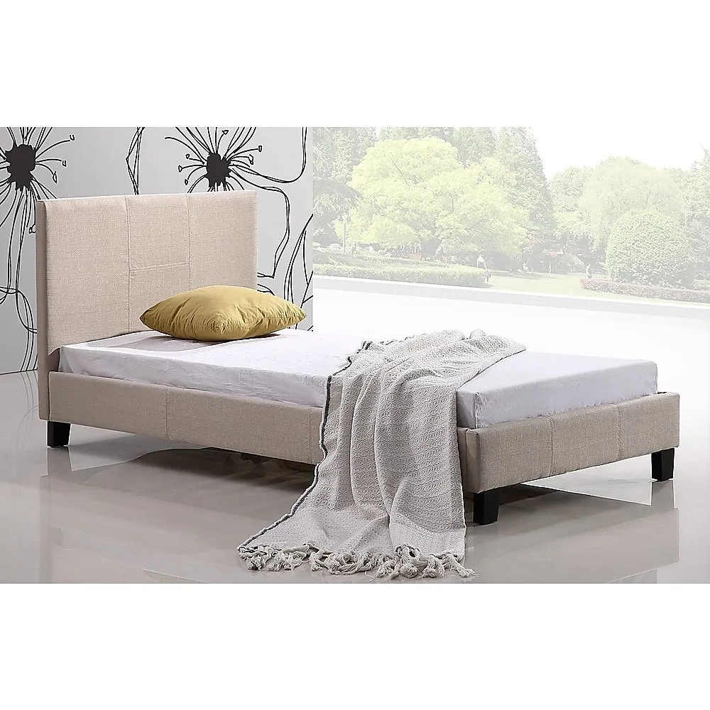 Beige Single Bed Frame with Linen Fabric & Headboard