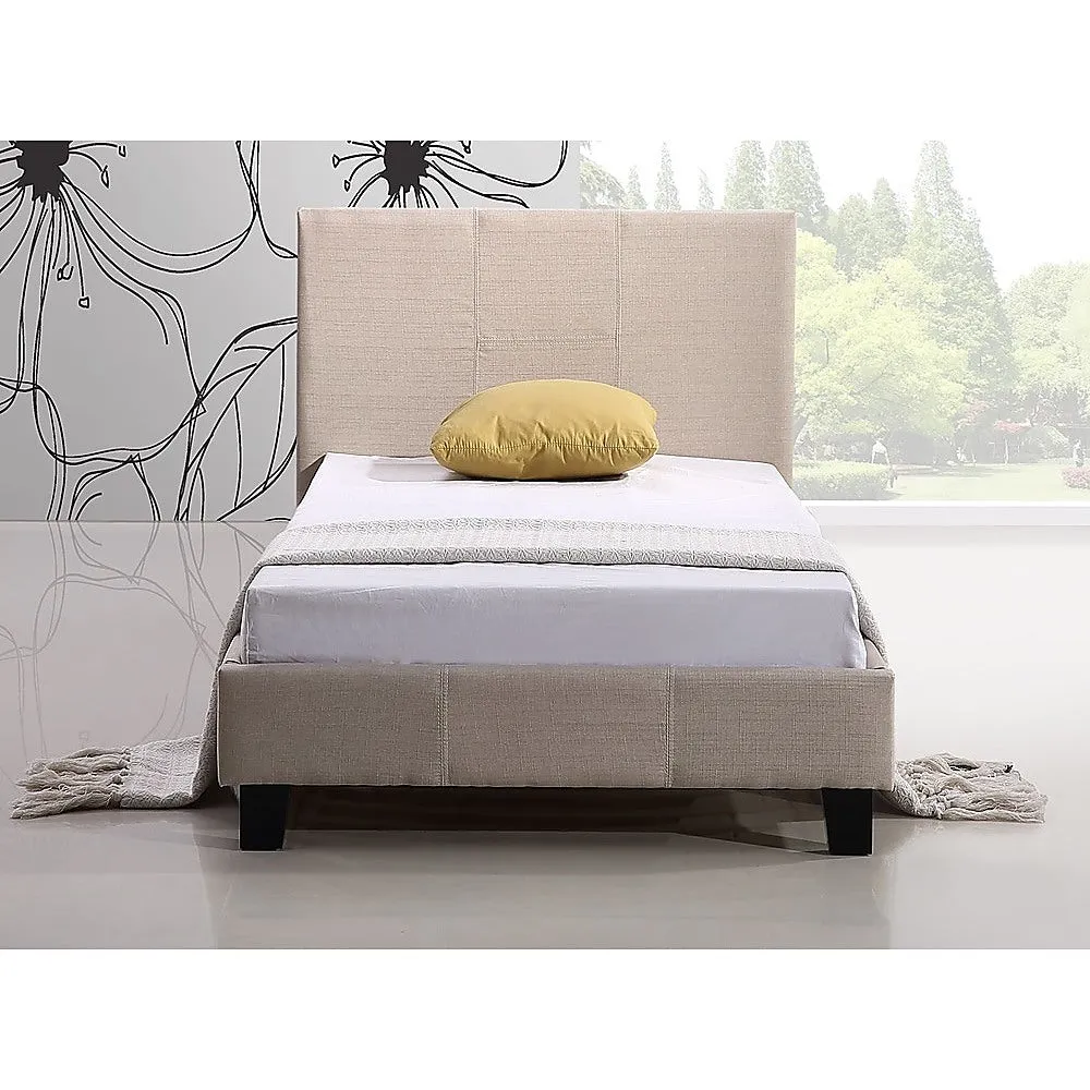 Beige Single Bed Frame with Linen Fabric & Headboard