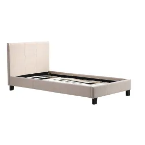 Beige Single Bed Frame with Linen Fabric & Headboard