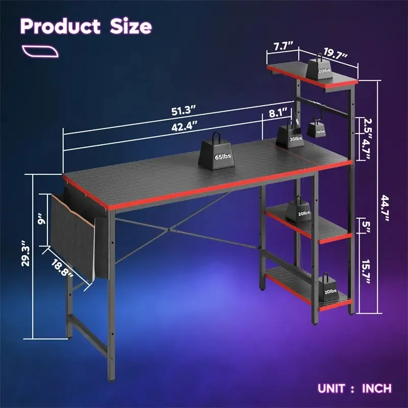 Bestier 51 Inch LED Gaming Desk with 4 Tiers Shelves & Storage Bag