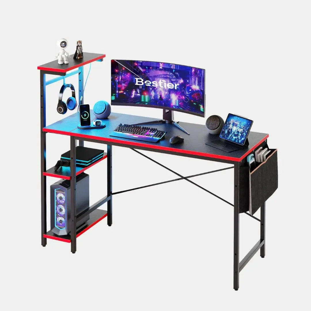 Bestier 51 Inch LED Gaming Desk with 4 Tiers Shelves & Storage Bag