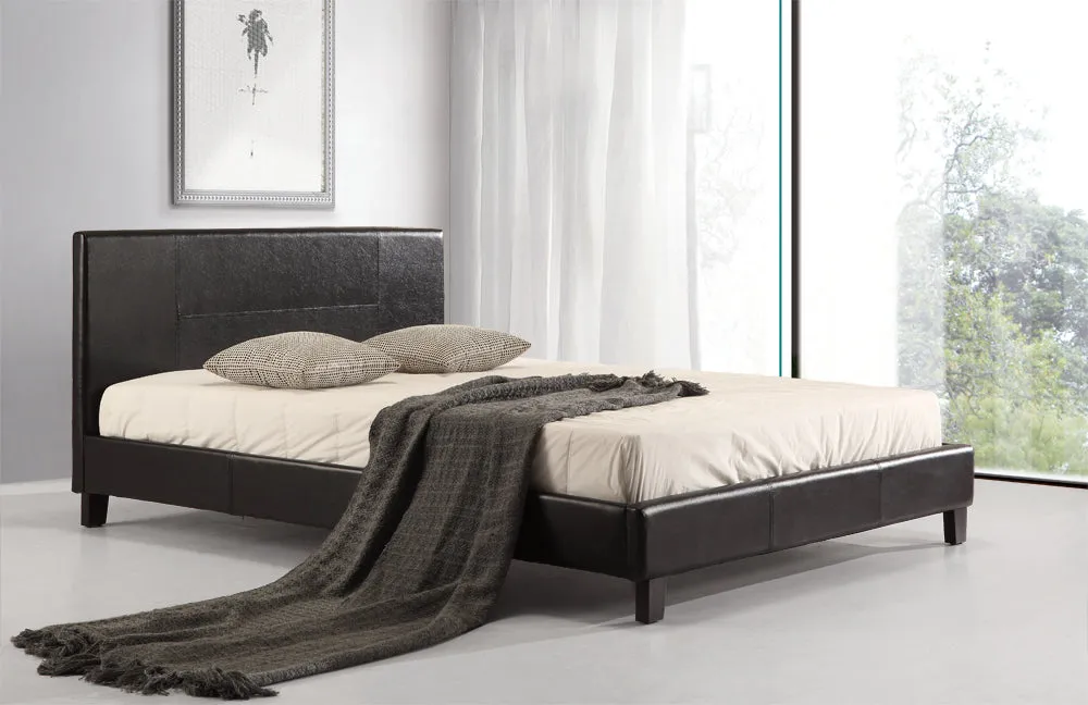 Black PU Leather Queen Bed Frame with Wood Slats