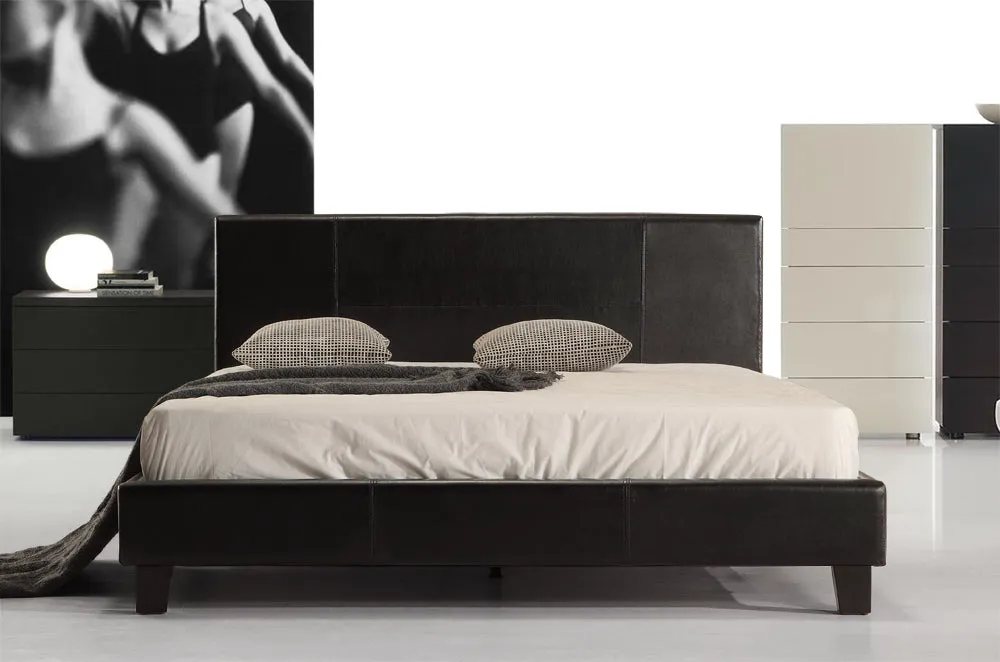 Black PU Leather Queen Bed Frame with Wood Slats