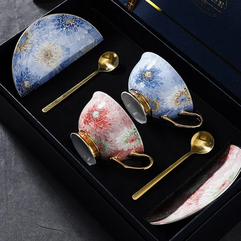 Blue and Pink Beautiful British Tea Cups, Elegant Ceramic Coffee Cups, Creative Bone China Porcelain Tea Cup Set, Unique Tea Cups and Saucers in Gift Box