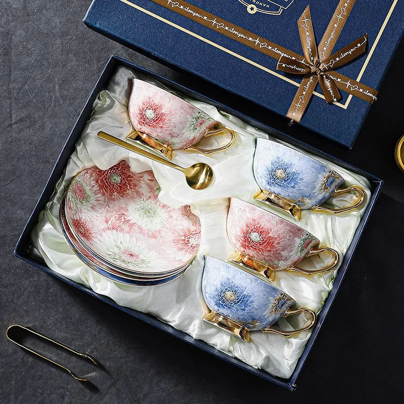 Blue and Pink Beautiful British Tea Cups, Elegant Ceramic Coffee Cups, Creative Bone China Porcelain Tea Cup Set, Unique Tea Cups and Saucers in Gift Box