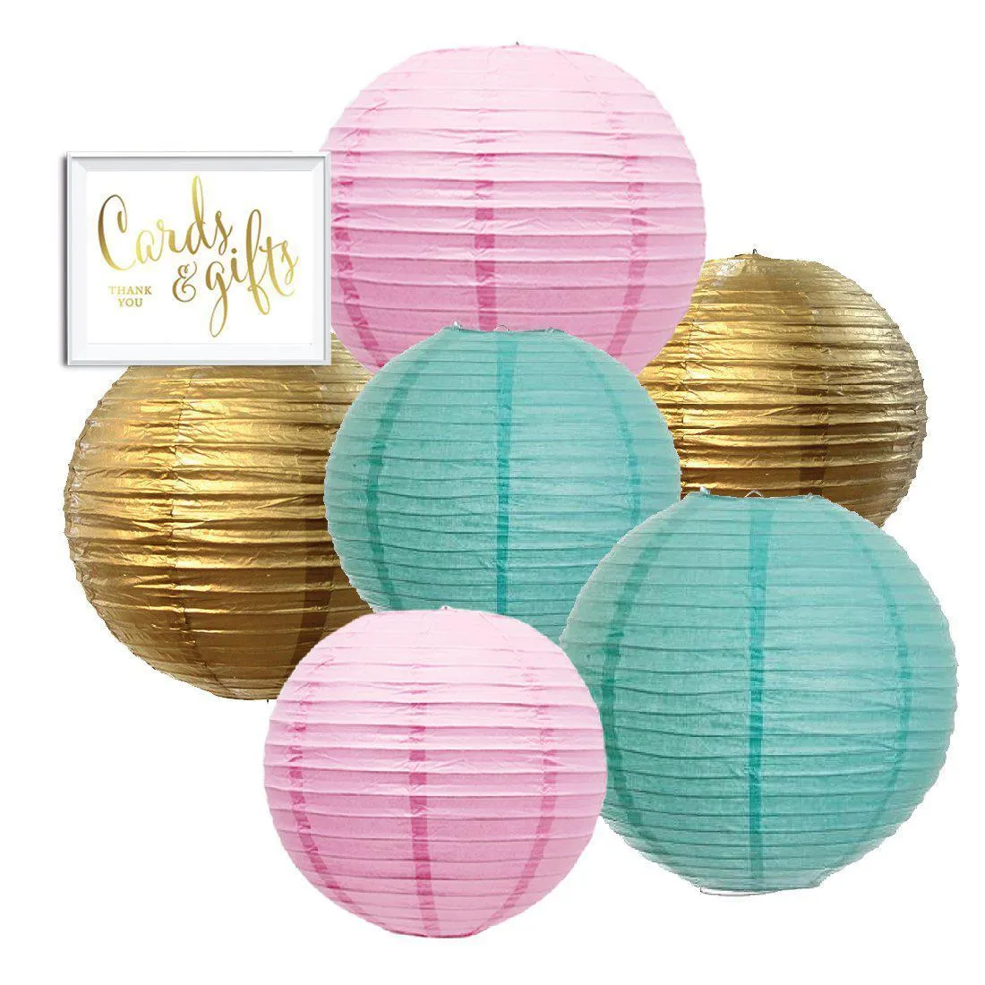 Blush Pink, Diamond Blue, Gold Hanging Paper Lanterns Decorative Kit