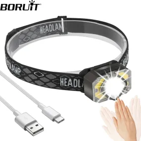 BORUiT Motion Sensor LED Headlamp Type-C Rechargeable Headlight with Hook Red Warning Light Head TorchWaterproof Camping Lantern