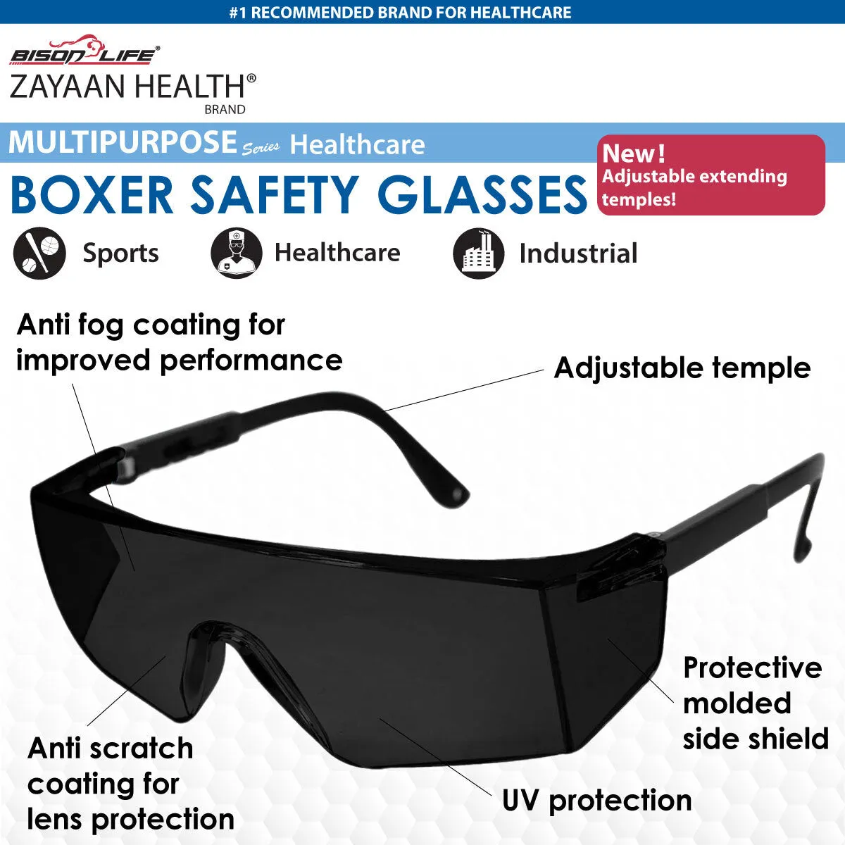 Boxer Black Temples Color Lens Safety Glasses, Anti-Scratch-Fog Lens