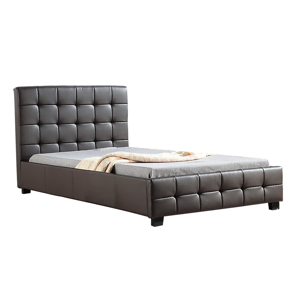 Brown PU Leather King Single Bed Frame, Sturdy Wood