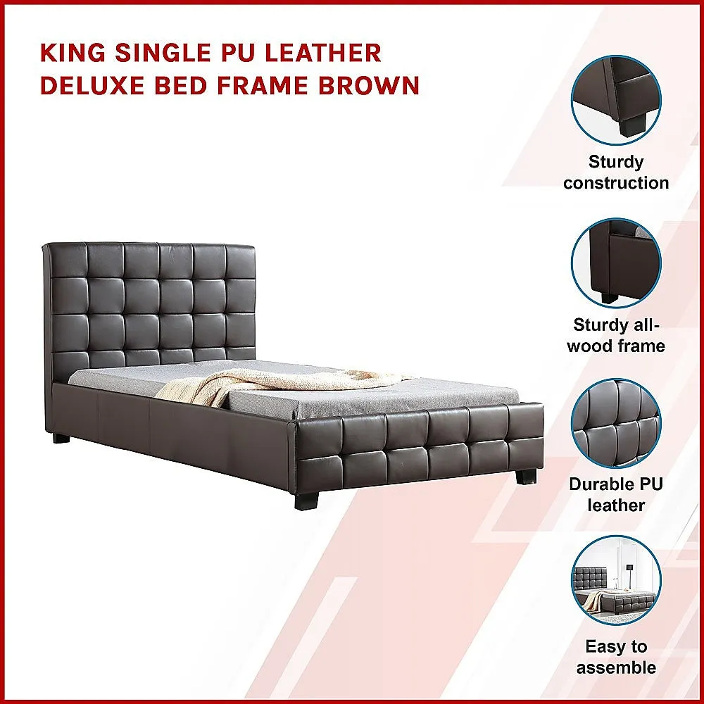 Brown PU Leather King Single Bed Frame, Sturdy Wood