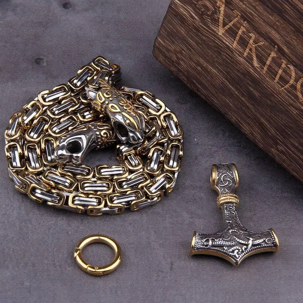 Celtic Wolf's Hoard Bite Ring Heavy Chain - Stainless Steel