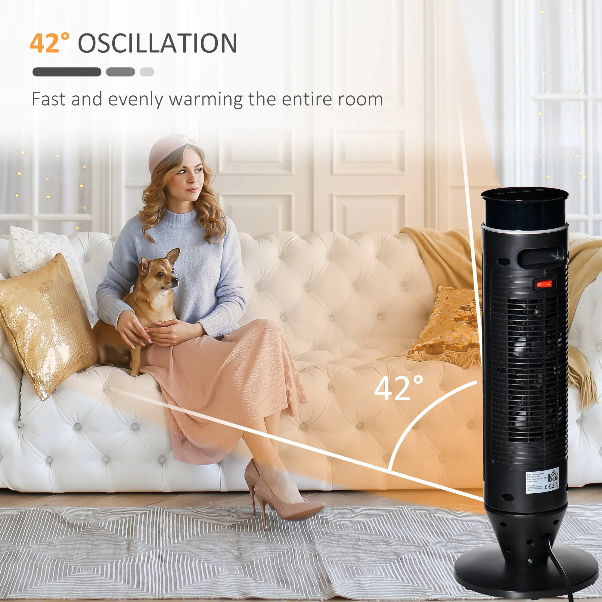 Ceramic Tower Indoor Space Heater Electric Floor Heater w/ 2 Heat and Fan 1000W/2000W, Oscillation, Remote Control, Timer for Bathroom Office