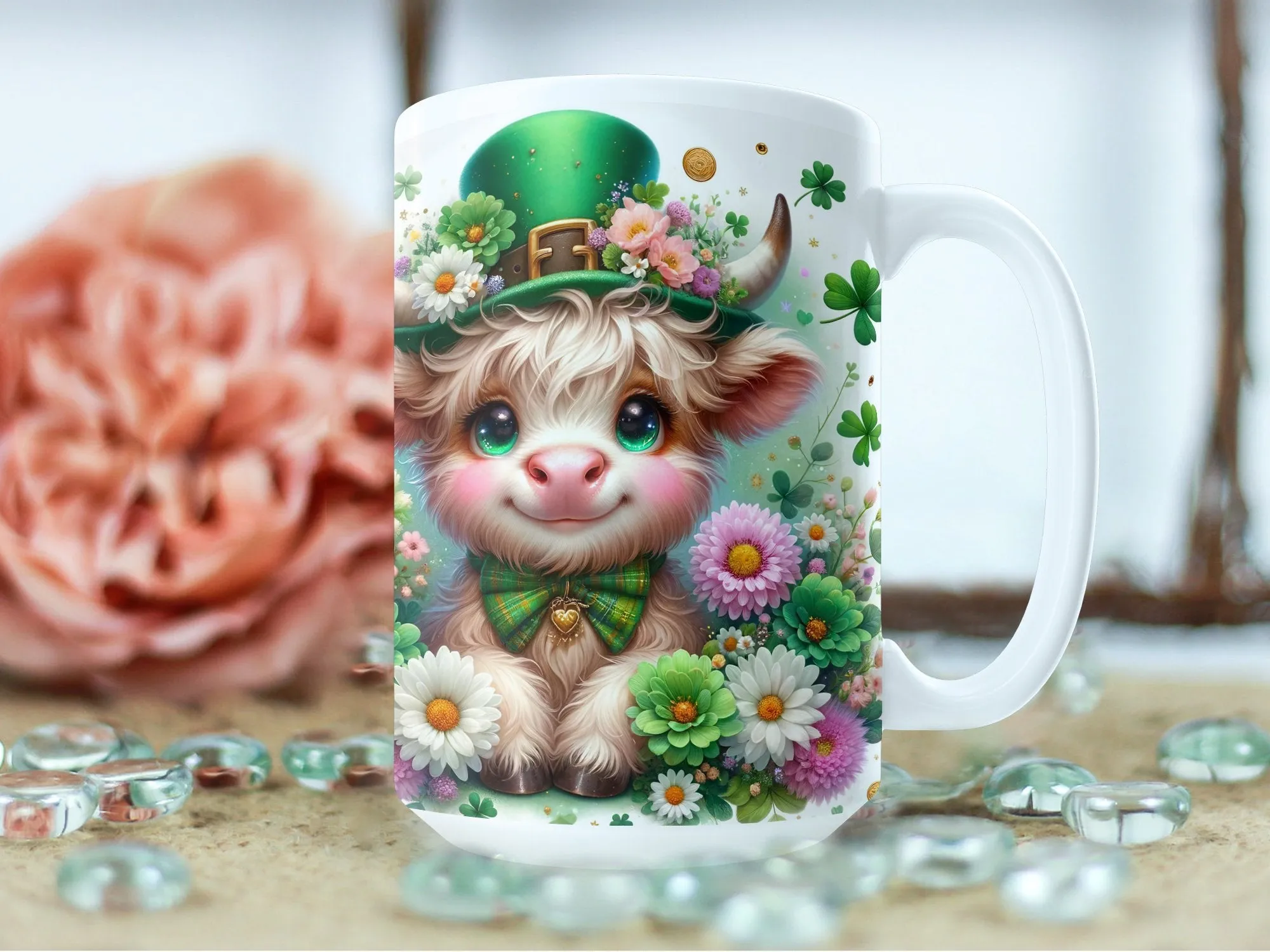 Cute Highland Cow Mug with Floral Wreath and Shamrock Hat, St. Patrick's Day Coffee Cup, Unique Gift for Cow Lovers