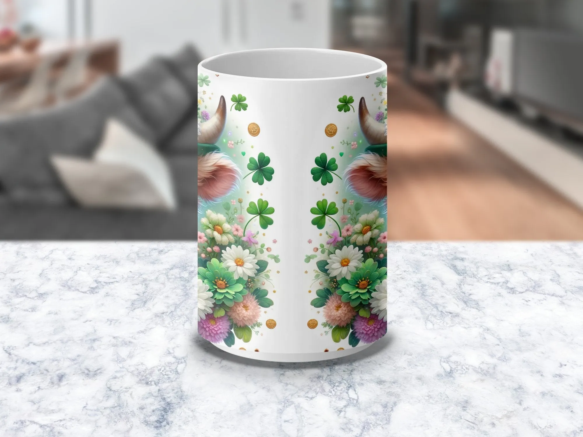 Cute Highland Cow Mug with Floral Wreath and Shamrock Hat, St. Patrick's Day Coffee Cup, Unique Gift for Cow Lovers