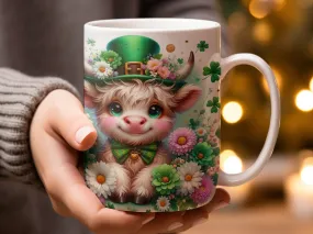 Cute Highland Cow Mug with Floral Wreath and Shamrock Hat, St. Patrick's Day Coffee Cup, Unique Gift for Cow Lovers