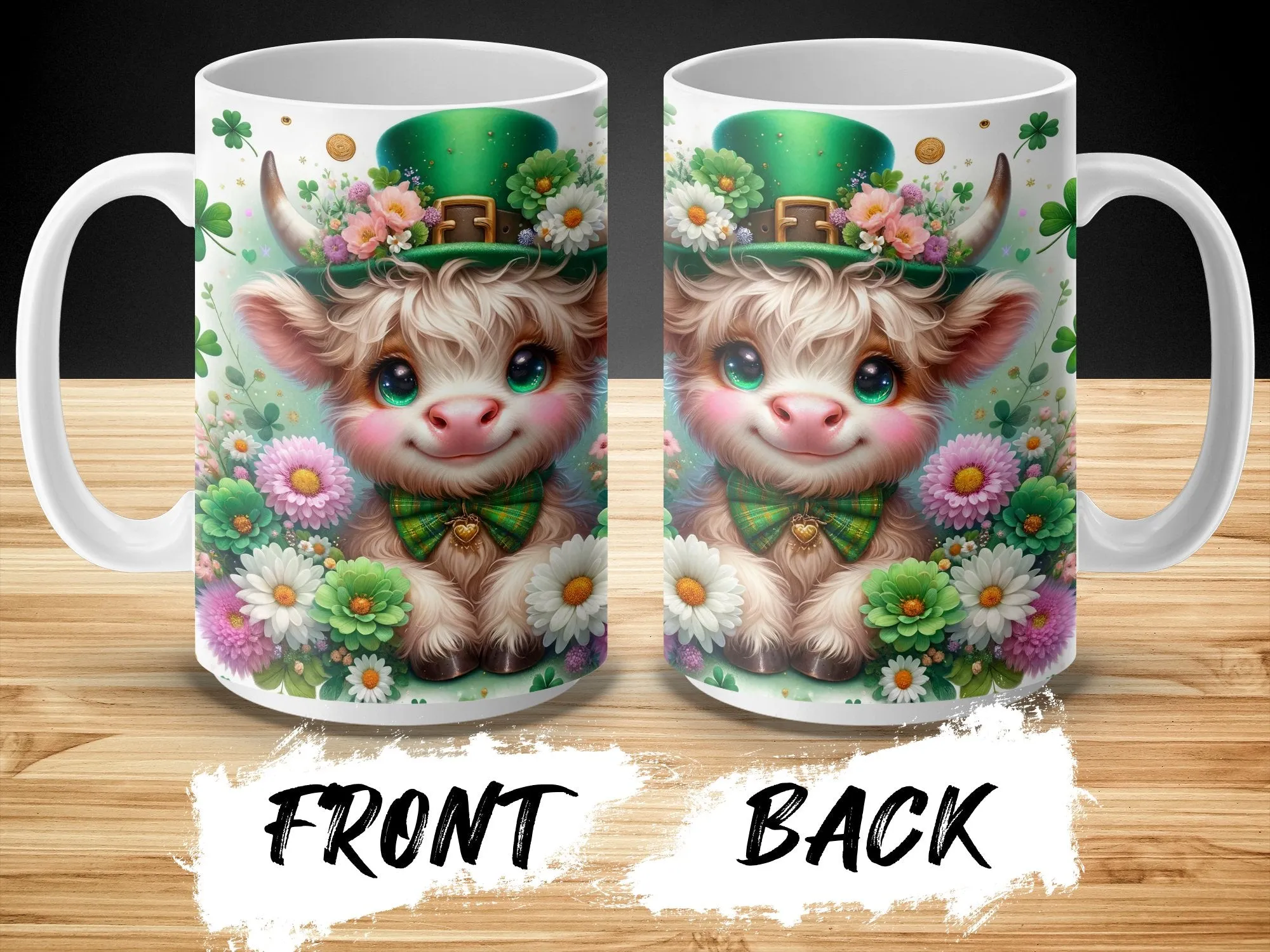 Cute Highland Cow Mug with Floral Wreath and Shamrock Hat, St. Patrick's Day Coffee Cup, Unique Gift for Cow Lovers