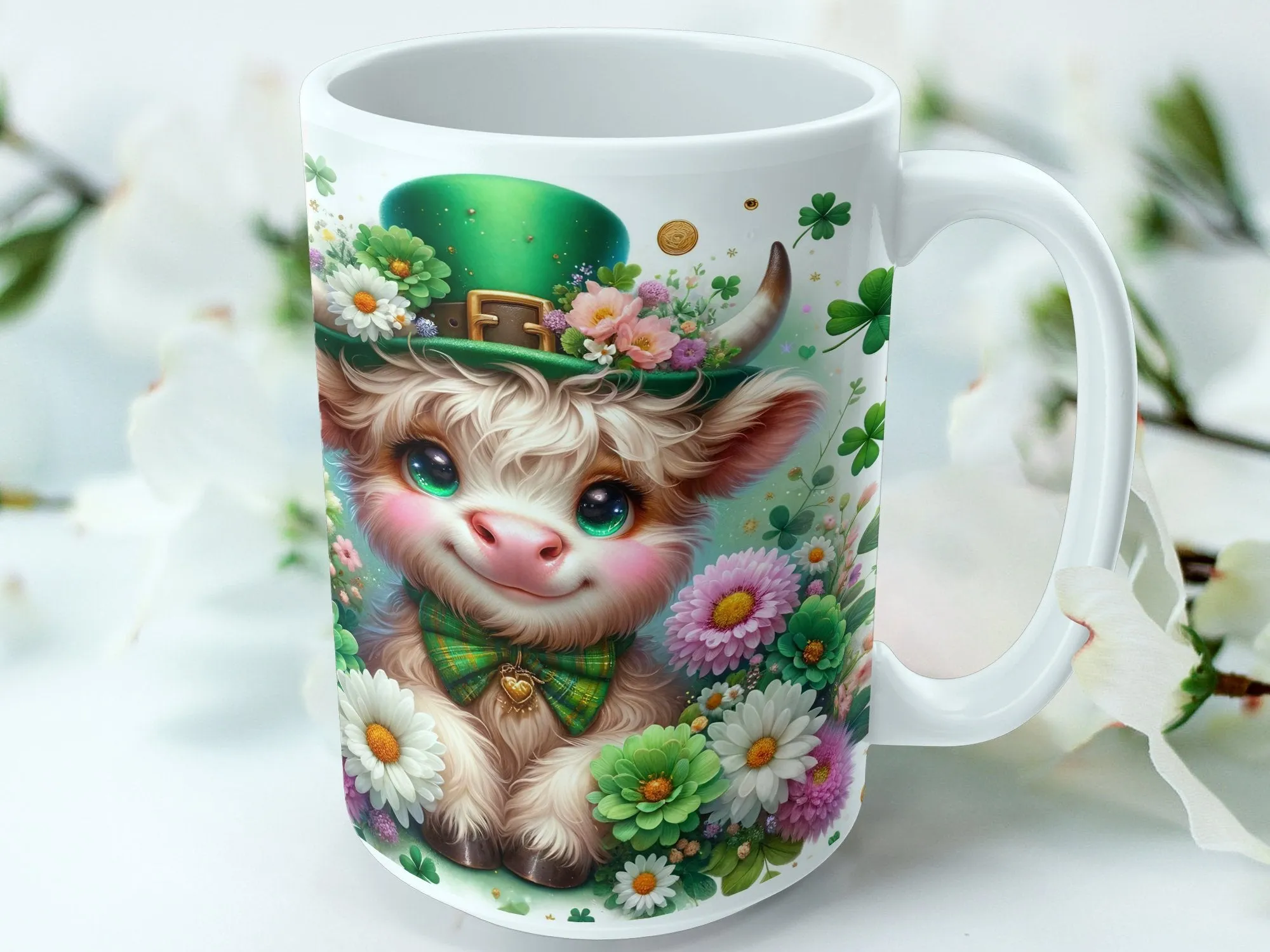 Cute Highland Cow Mug with Floral Wreath and Shamrock Hat, St. Patrick's Day Coffee Cup, Unique Gift for Cow Lovers