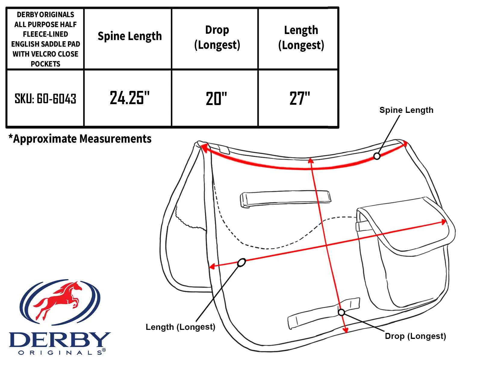 Derby Originals All Purpose English Saddle Pad with Pockets Half Fleece lined for Shock Absorbing Wither Relief Design for comfort and Trail Riding.