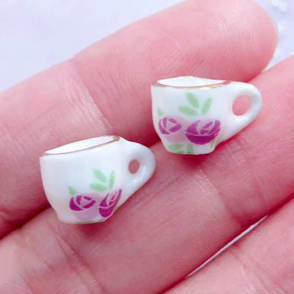 Dollhouse Porcelain Coffee Cups with Floral Pattern | Miniature Ceramic Tea Cup | Victorian Doll House Tableware | Lolita Jewellery Making (2 pcs / 9mm x 8mm)