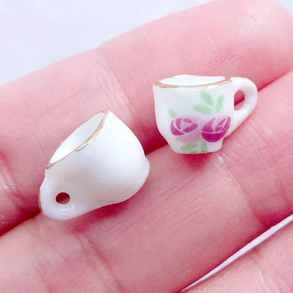 Dollhouse Porcelain Coffee Cups with Floral Pattern | Miniature Ceramic Tea Cup | Victorian Doll House Tableware | Lolita Jewellery Making (2 pcs / 9mm x 8mm)