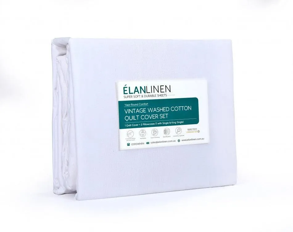 Elan Linen 100% Egyptian Cotton Vintage Washed 500TC White Double Quilt Cover Set