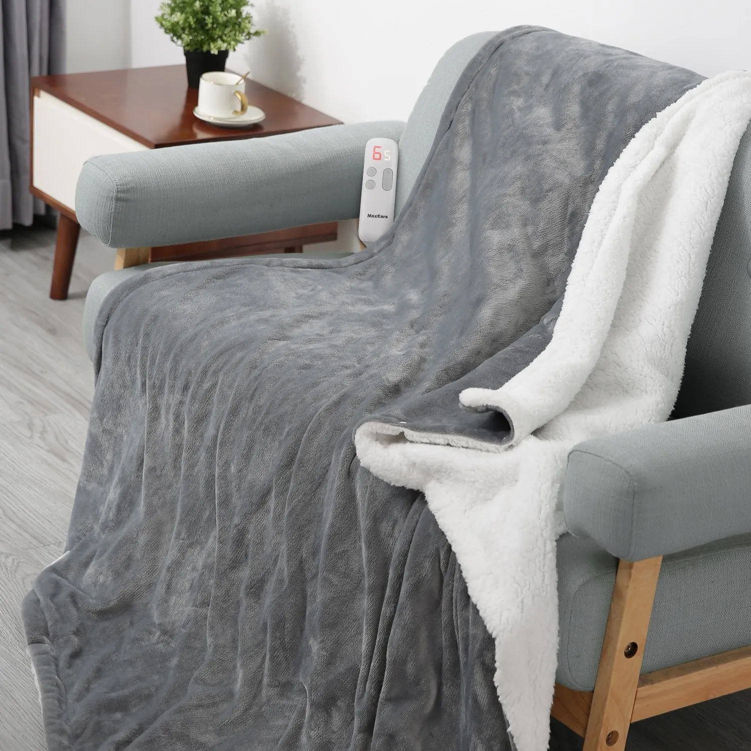 Electric Blanket Heated Throw Flannel & Sherpa Fast Heating Blanket 50" x 60", ETL Certification with 6 Heating Levels & 5 Auto-Off Timing Settings, Home Use & Machine Washable, Grey & White