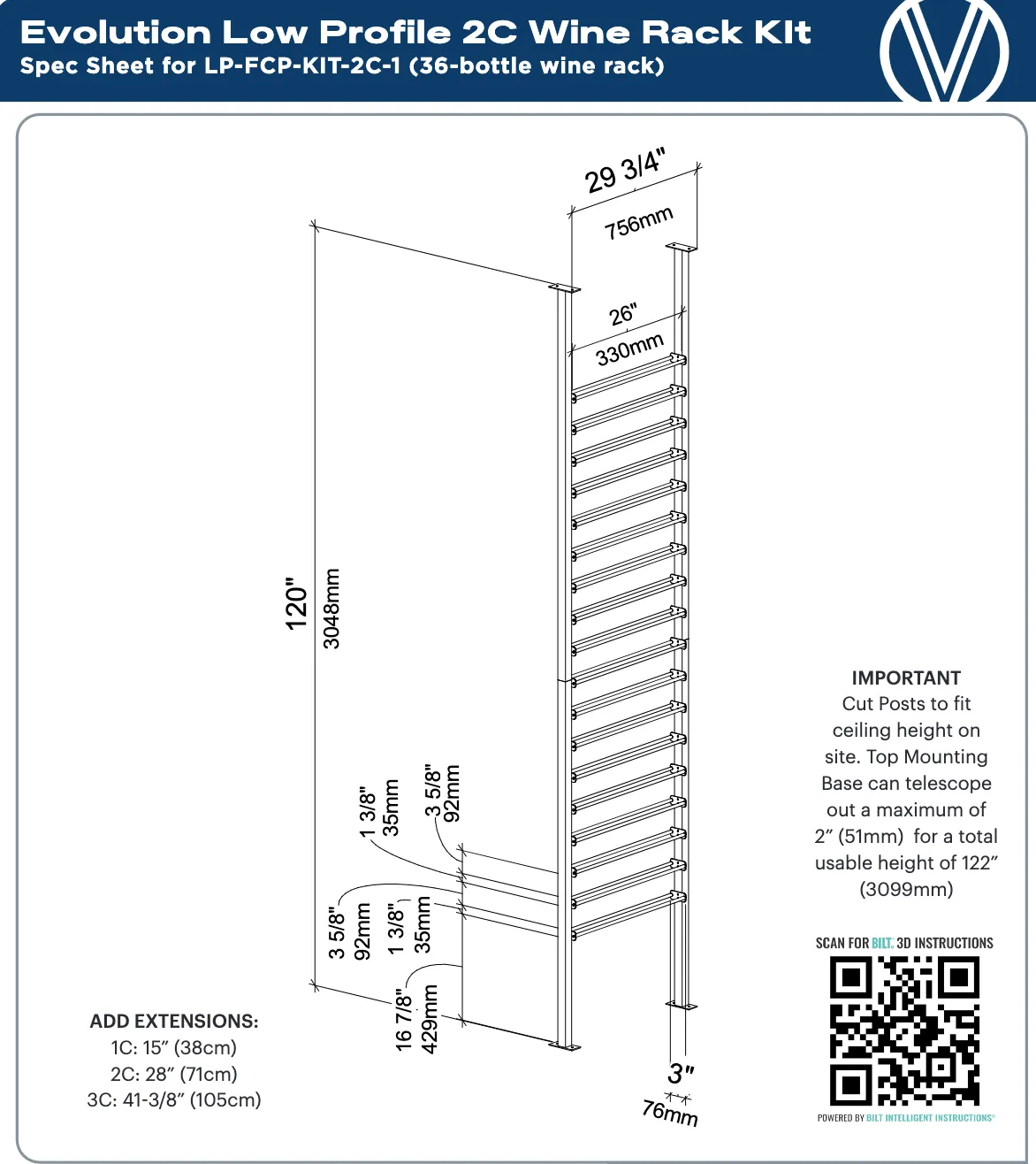 Evolution Low Profile Ultra Slim Floor-to-Ceiling Wine Rack 10 2C (36-108 Bottles)