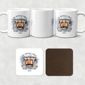 Festive Fireplace with Personalised Family Stockings Christmas Eve Mug and Coaster Set