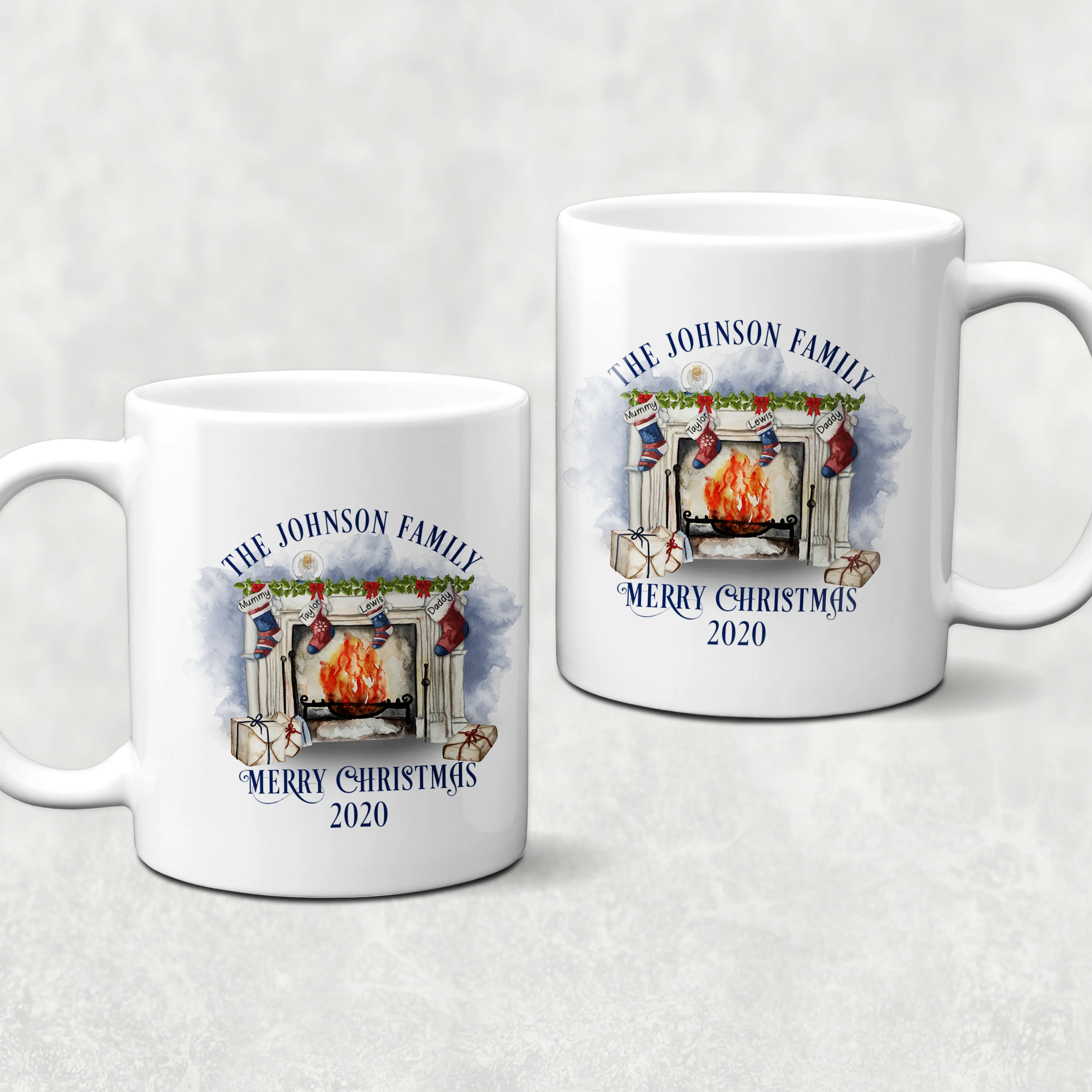 Festive Fireplace with Personalised Family Stockings Christmas Eve Mug and Coaster Set